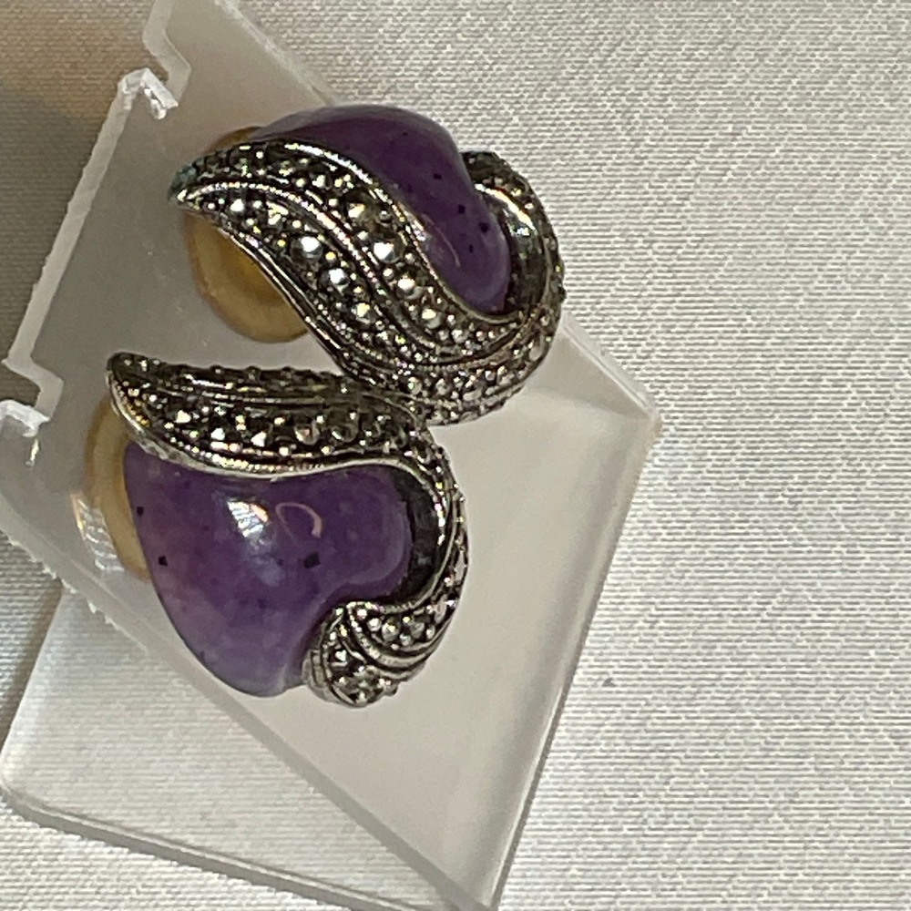 💜 Vintage Sterling Silver Marcasite & Amethyst Earrings – Pierced 💜 - Picture 3 of 5